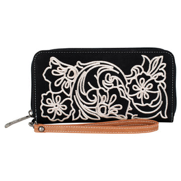 Justin Ladies Black with Floral Embroidery Wristlet Wallet