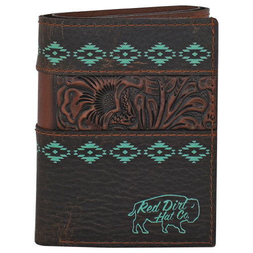 Red Dirt Hat Co. Brown Tooled Turquoise Accent Leather Tri-Fold Wallet