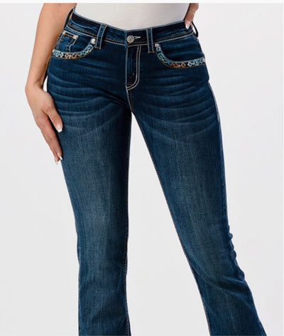 Grace in LA Women's Colorful Cowhead Pocket Jeans