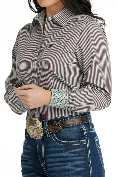 Cinch Women's White/Brown/Lime Green Tencel Stripe Button-Down Western Shirt