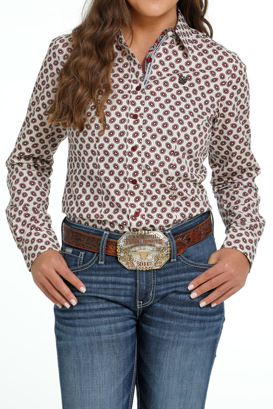 Cinch Women's Cream/Burgundy Print Button-Down Western Shirt