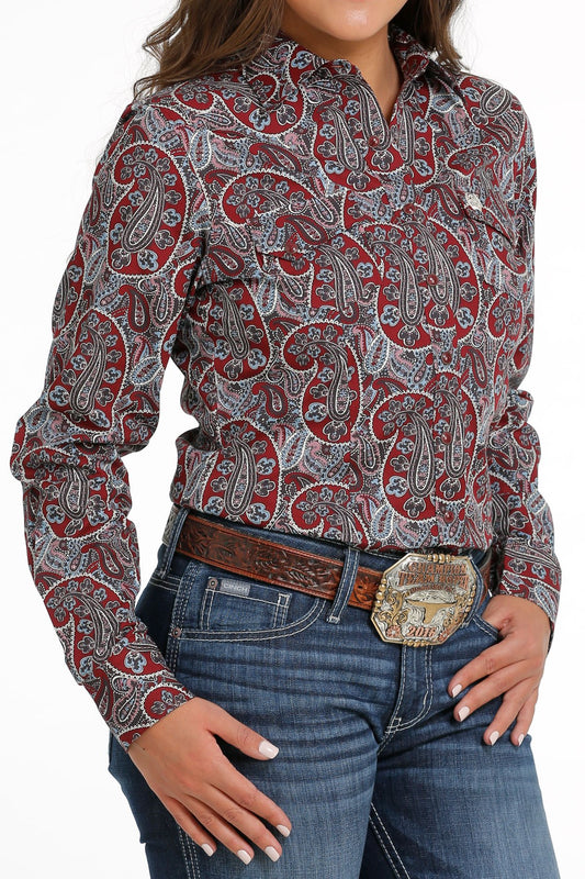 Cinch Women's Burgundy Paisley Printed Snap Front Western Shirt