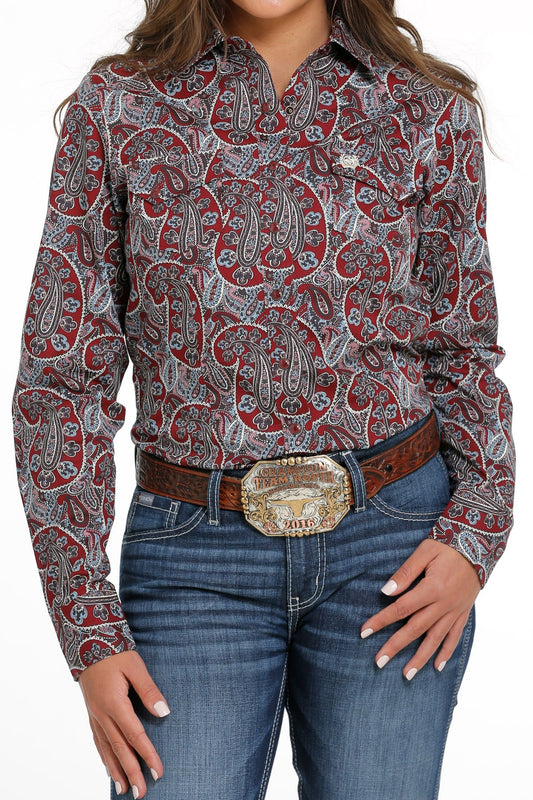 Cinch Women's Burgundy Paisley Printed Snap Front Western Shirt