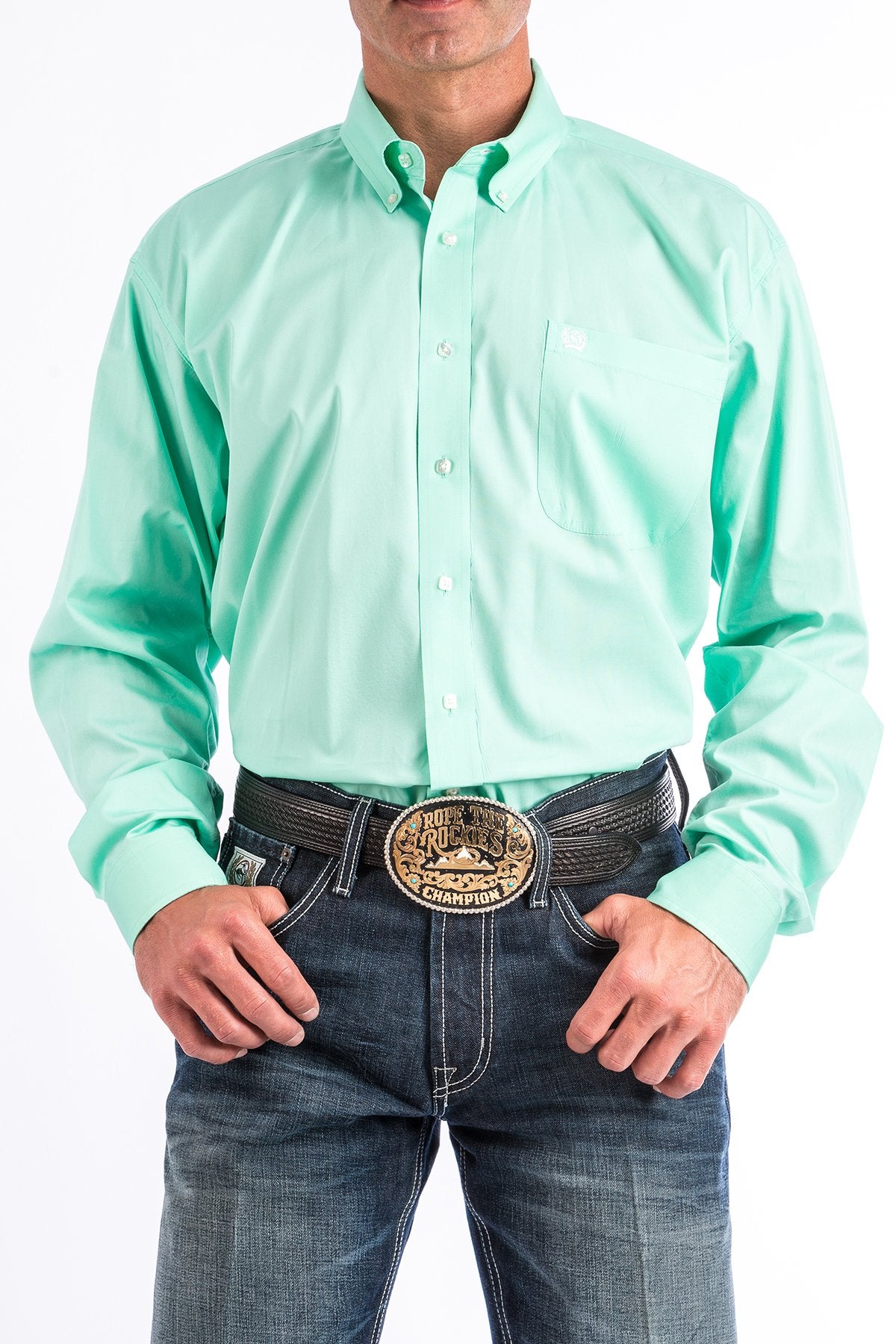 Cinch Men's Solid Mint Long Sleeve Button-Down Shirt