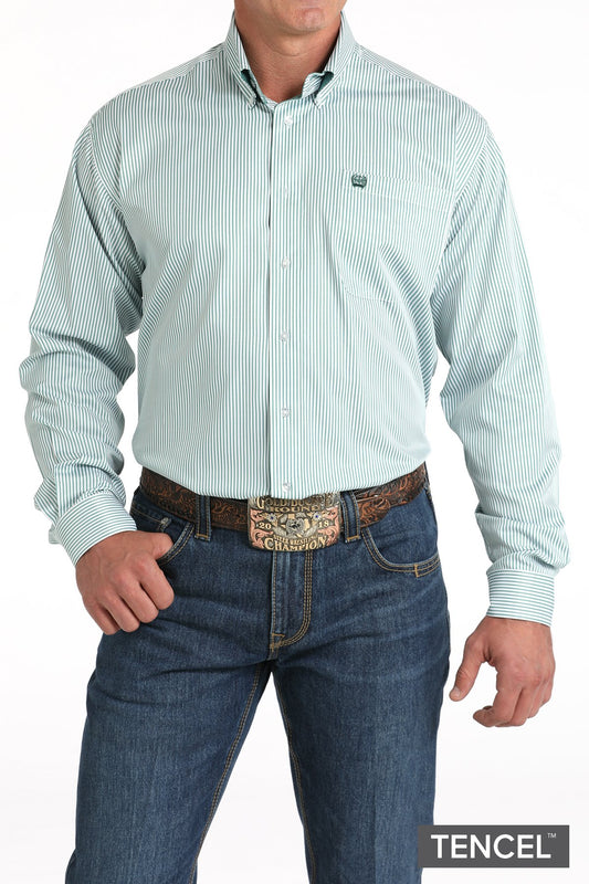 Cinch Men's Green & White Tencel Stripe Button-Down Western Shirt