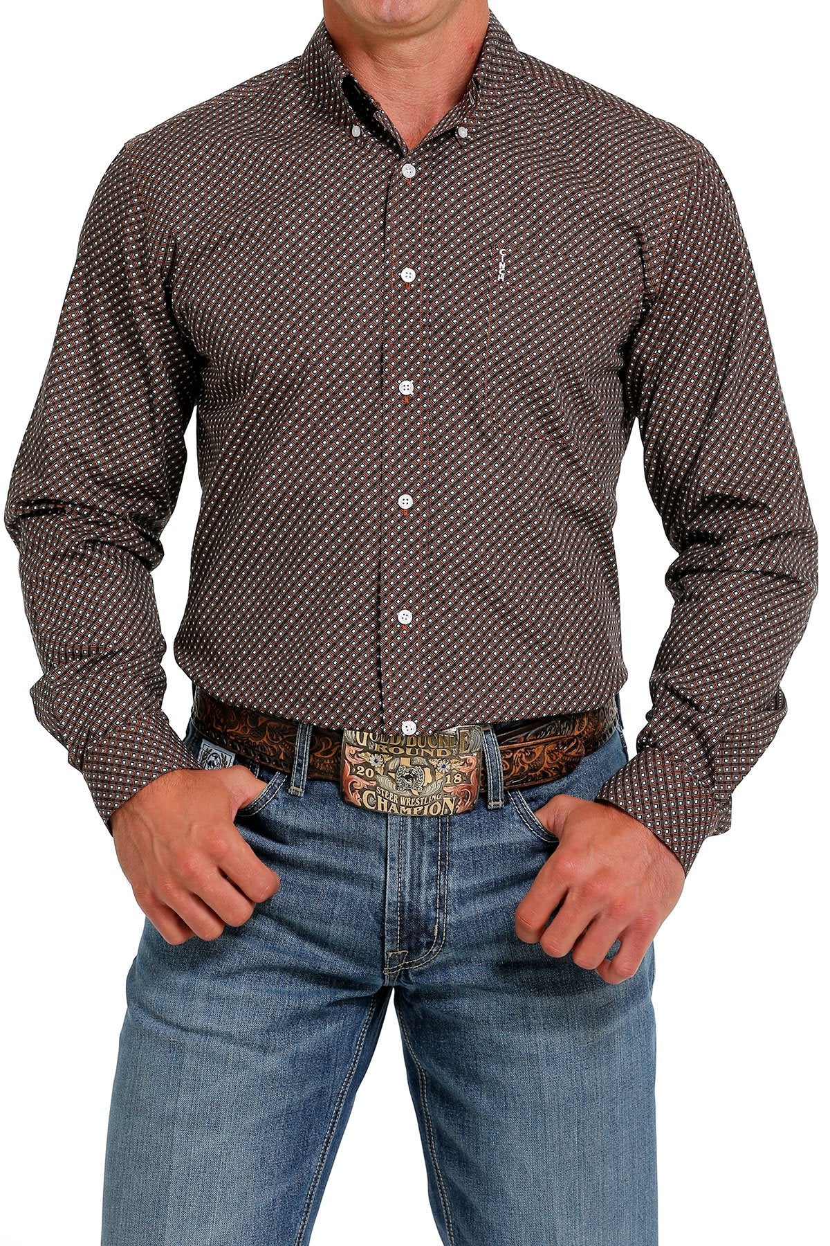 Cinch Men's Modern Fit Brown Printed Button-Down Western Shirt