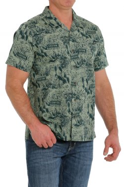 Cinch Men's Green Caution Cactus Short Sleeve Camp Shirt