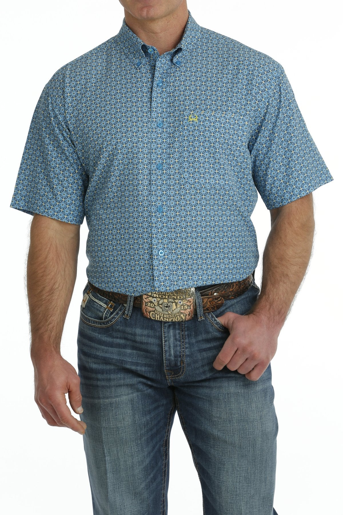 Cinch Men's Blue Geometric Print Short Sleeve ArenaFlex Shirt