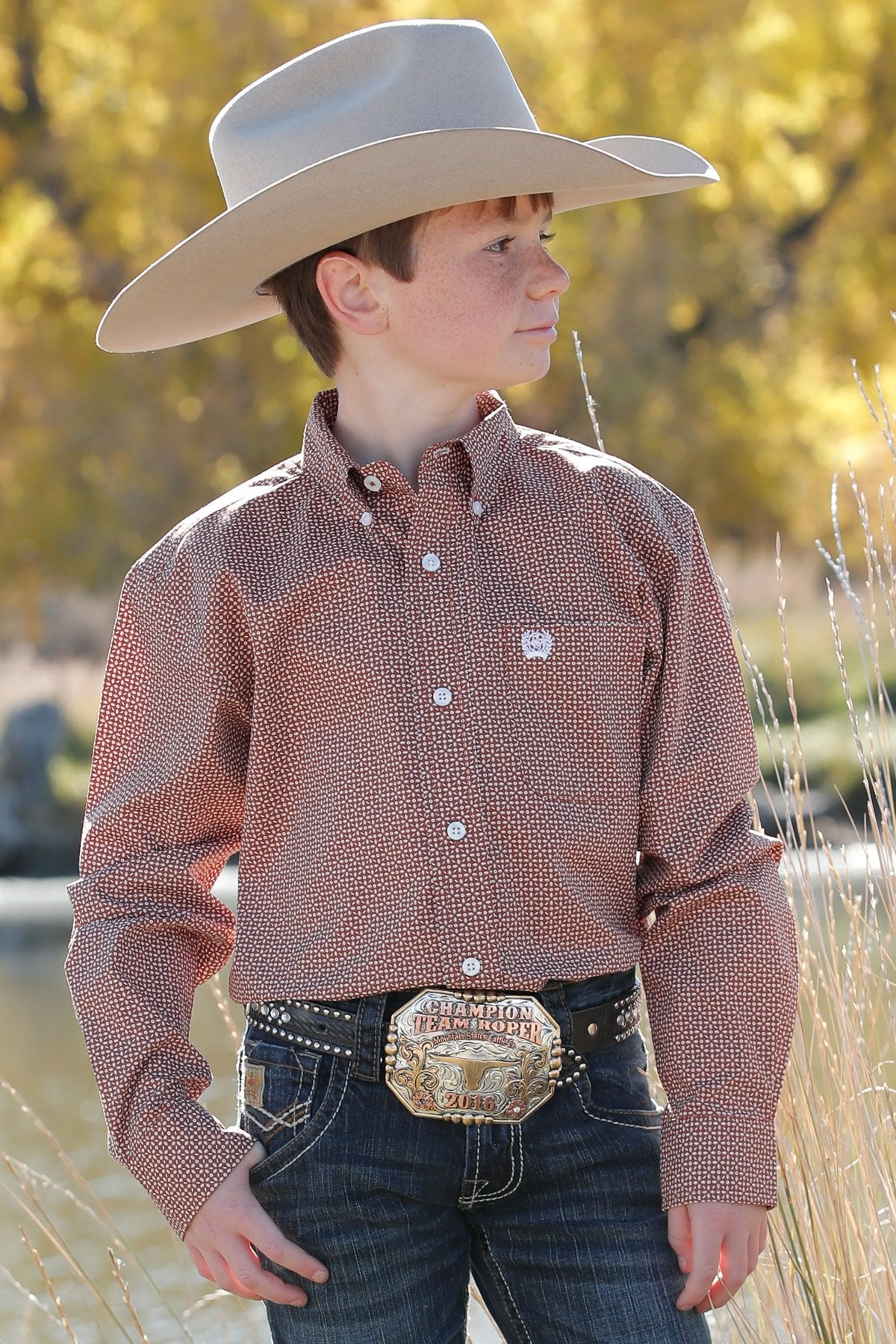 Cinch Boy's Brown Geometric Print Button-Down Western Shirt
