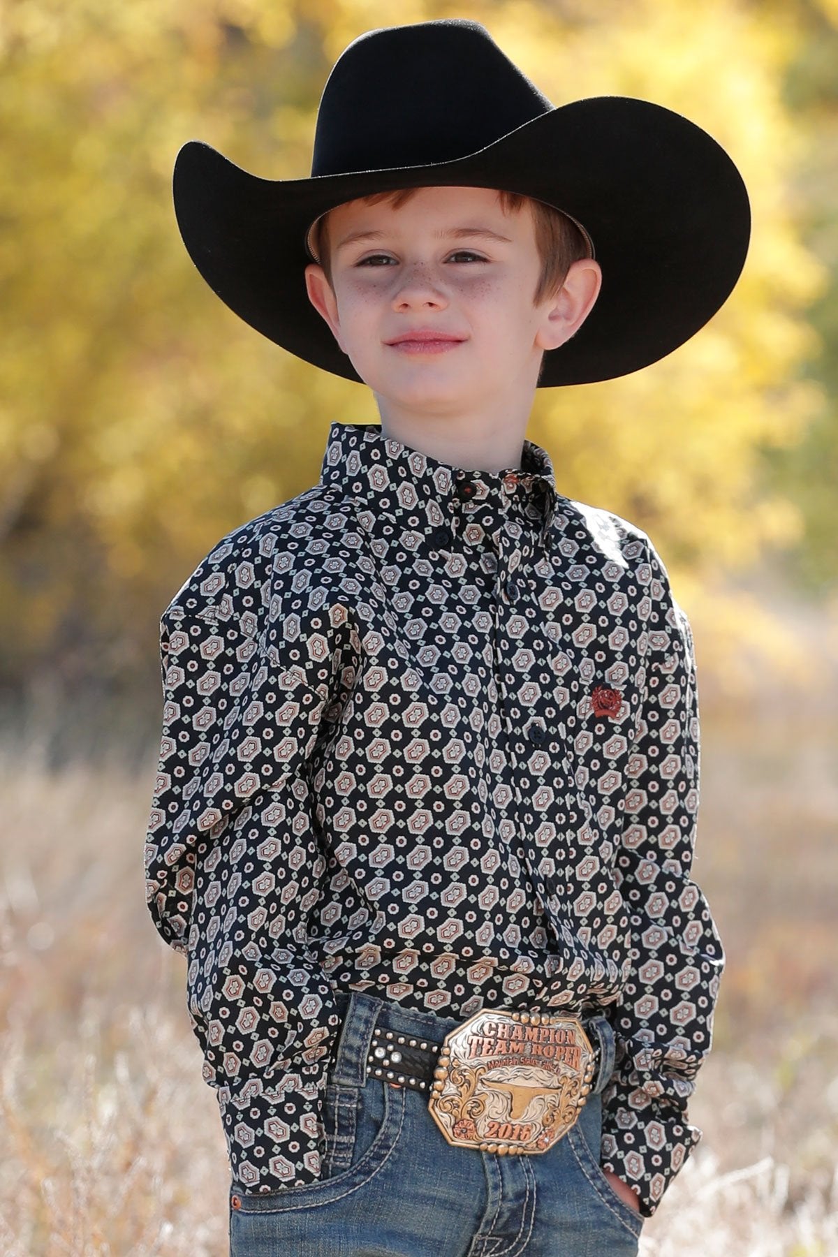 Cinch Boy's Black/Khaki Medallion Print Button-Down Western Shirt
