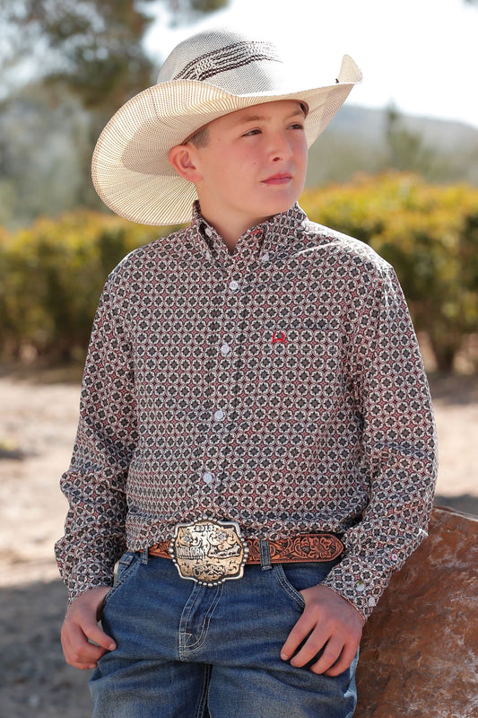 Cinch Boy's ArenaFlex Khaki Geometric Print Button Down Shirt