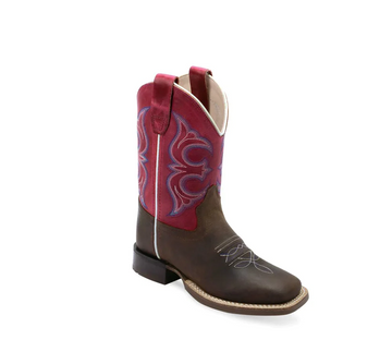 Old West Li' Girl's Distressed Brown and Fuchsia Western Boot
