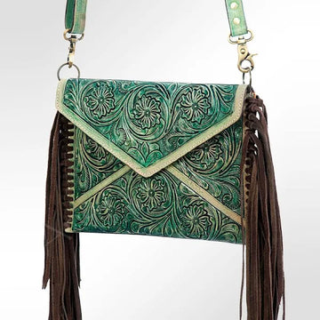 American Darling Green Floral Tooled Purse w/Fringe