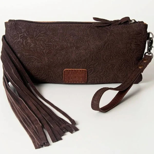 American Darling Women's Hand Tooled Embossed Western Clutch Wristlet w/Fringe