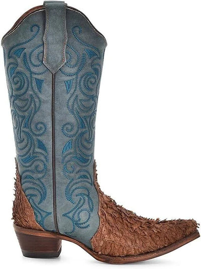 Circle G Women's Brown-Blue Fish Embroidery Boots