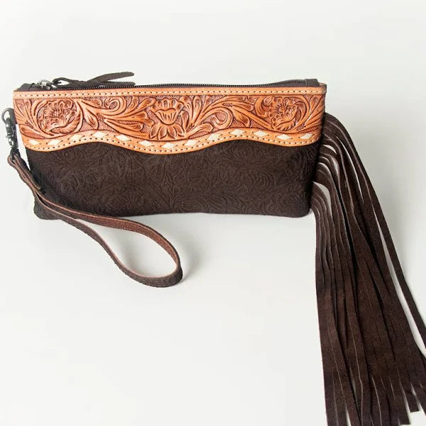 American Darling Women's Hand Tooled Embossed Western Clutch Wristlet w/Fringe