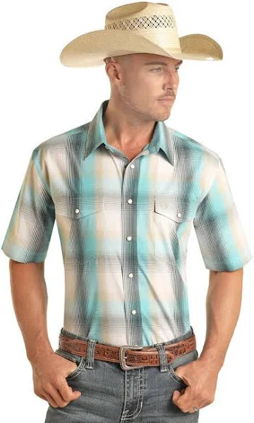 Panhandle Men's Short Sleeve Turquoise Plaid Shirt