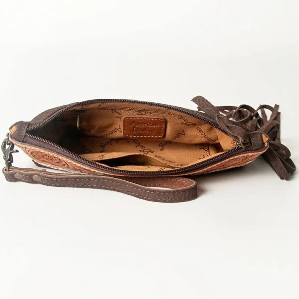 American Darling Women's Hand Tooled Embossed Western Clutch Wristlet w/Fringe