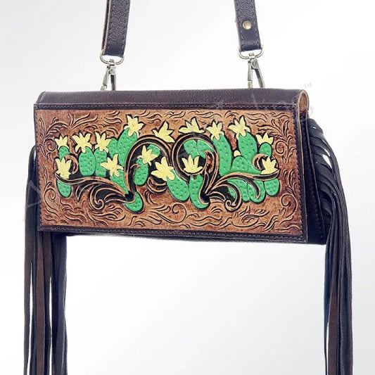 American Darling Cactus Hand Tooled Leather Purse with Fringe