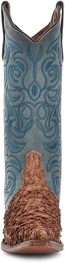 Circle G Women's Brown-Blue Fish Embroidery Snip Toe Boots