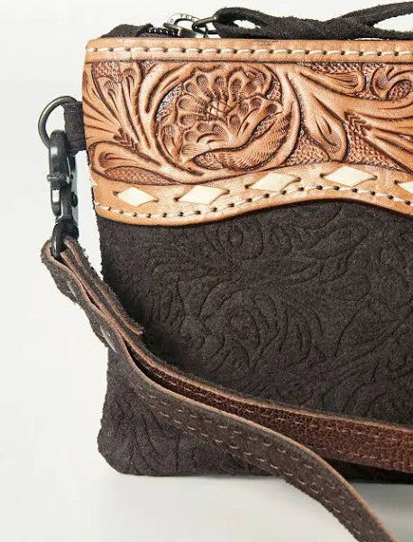 American Darling Women's Hand Tooled Embossed Western Clutch Wristlet w/Fringe