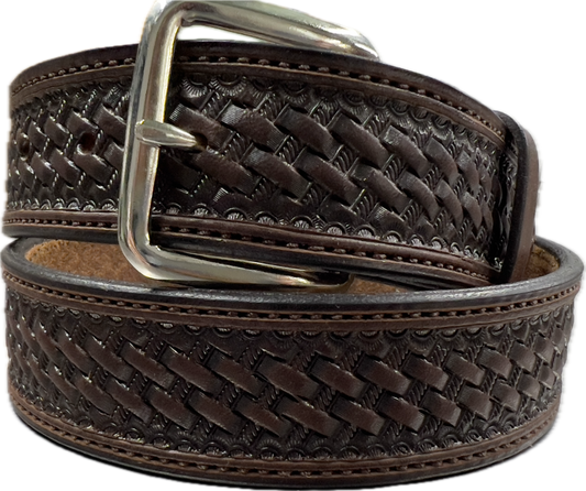 Texas Saddlery Men's Chocolate Basket Stamp Belt