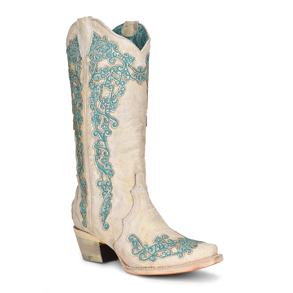 Corral Women's Bone Glitter Overlay w/Embroidery Boots A4368