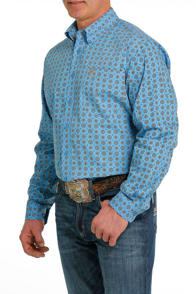 Cinch Men's Long Sleeve Blue Geometric Print Shirt