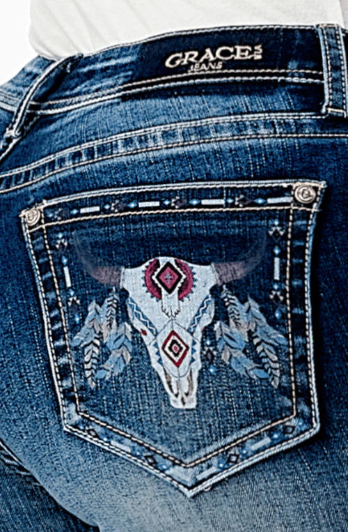 Grace in LA Women's Steerhead Print Pocket Jeans