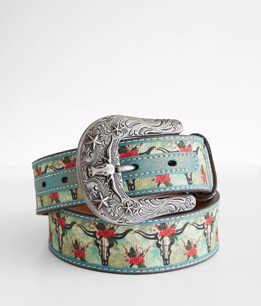 Ariat Women's 1-1/2" Skull Floral Cruiser Matcher Turquoise Belt