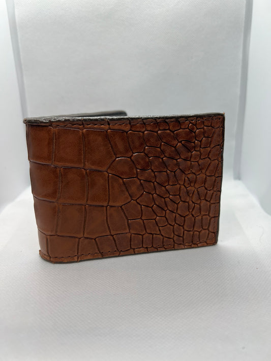 Double J Men's Cognac Diamond Back Crocodile Print Bifold Wallet