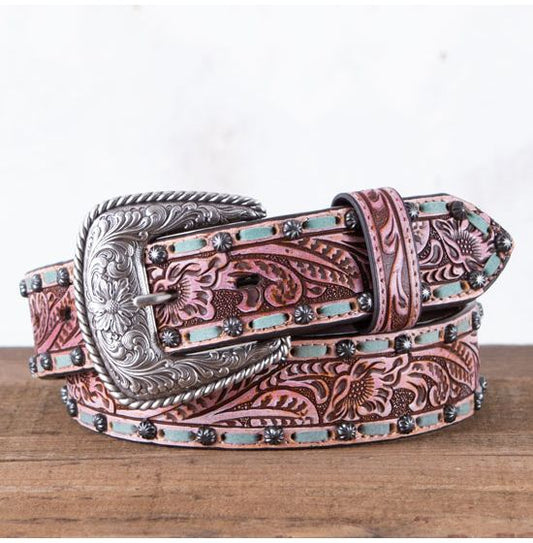 Roper Women's Leather Tooled Belt with Turquoise Buckstitch