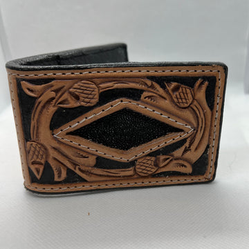 Double J Men's Tooled Money Clip with Black Stingray Diamond Inlay