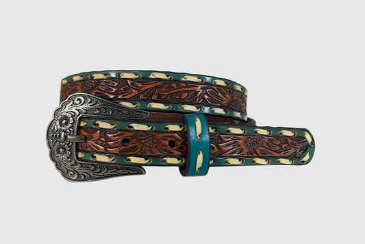 Roper Women's Leather Tooled Belt w/Green Edges and White Buckstitch