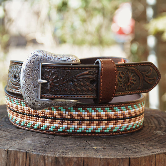 Nocona Belt Embossed Tabs Beaded Inlay Brown Belt