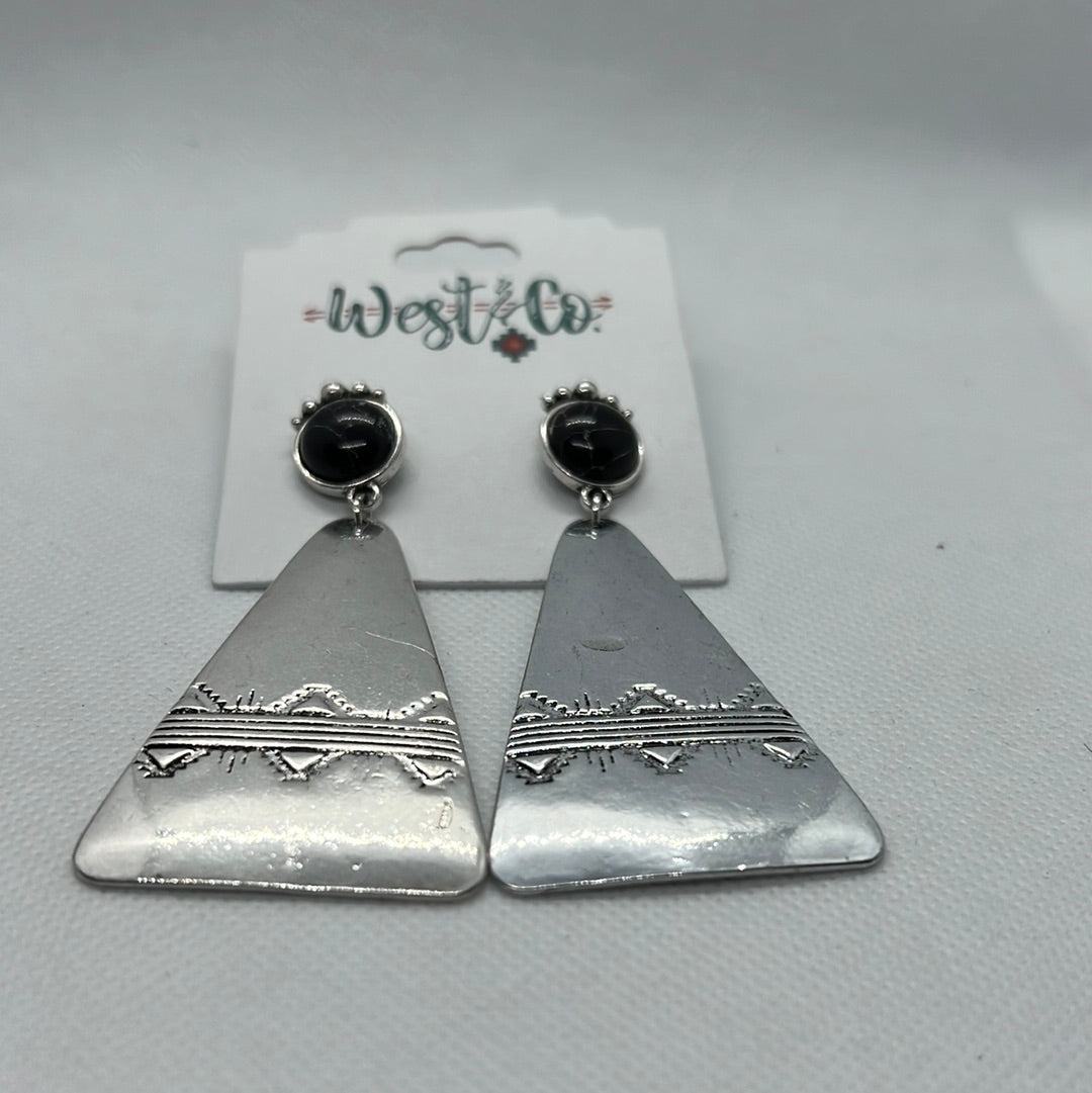 West & Co. Teepee Shaped Triangle Silver Tooled w Black Stone Accent Earrings