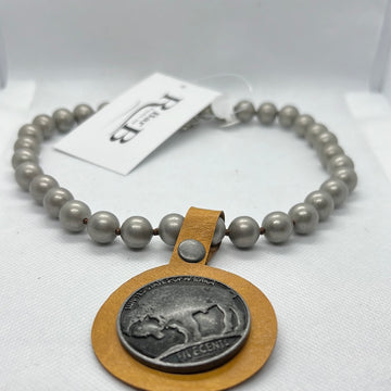 Silver Bead w Buffalo Nickel Pendant on Leather Backing Necklace