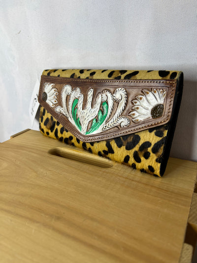 Western Linen Cheetah Print with Tooled Cactus Wallet