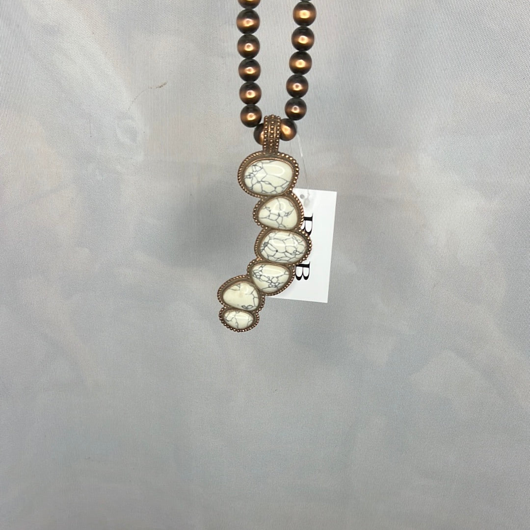 Marvel Large Brown Bead w 6 White Marbled Stone Necklace/Earring Set