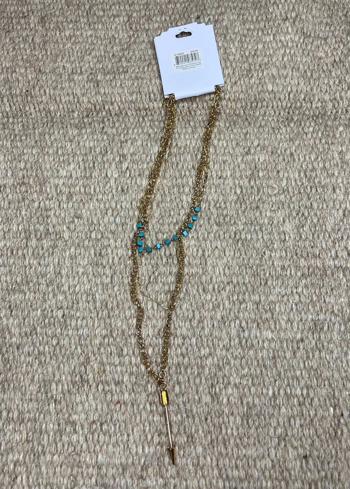 West & Co. Layered 3 Strand Gold Chain Necklace w/Turquoise Accents and Arrow Pendant