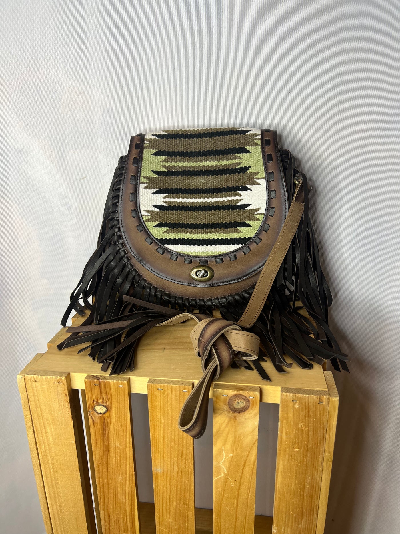 Rafter T Chocolate Leather with Grn/Brn/Blk Serape & Fringe Purse